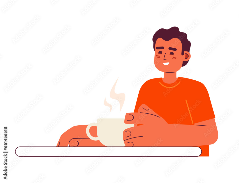 Hispanic man on meeting semi flat color vector character. Drinking coffee. Optimistic. Editable half body person on white. Simple cartoon spot illustration for web graphic design