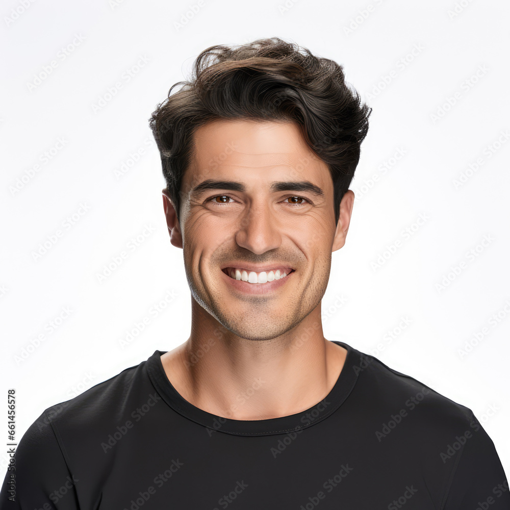 casual man with dark hair smiling at the camera, white background, happy, dental, handsome casual man with dark hair smiling at the camera, white background, happy, dental, handsome