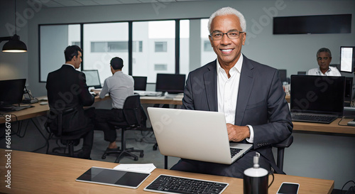 elderly afro american businessman with laptop, successful happy smiling businessman in suit at workplace in modern office holding laptop in hands. Generative AI