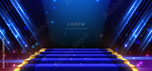 Abstract elegant dark blue stage background with blue neon line and lighting effect sparkle. Luxury template award design.