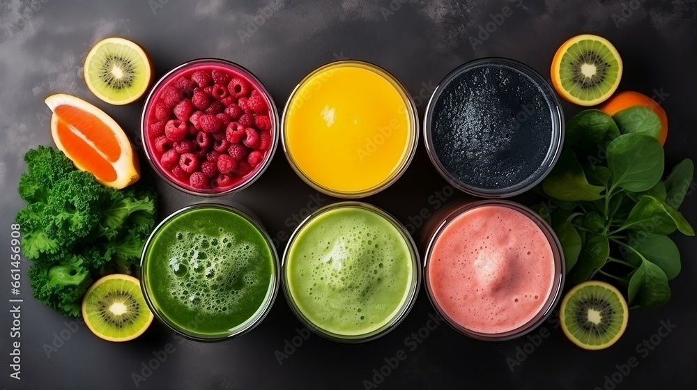 Multicolored smoothies and juices from vegetables, fruits and berries
Multicolored smoothies and juices from vegetables, fruits and berries