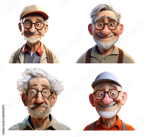 Cartoon 3d style old man characters set. Isolated background. Transparent PNG