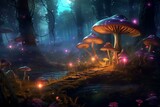 Enchanted woodland at misty dusk adorned with glowing mushrooms, fireflies, and trees. Generative AI