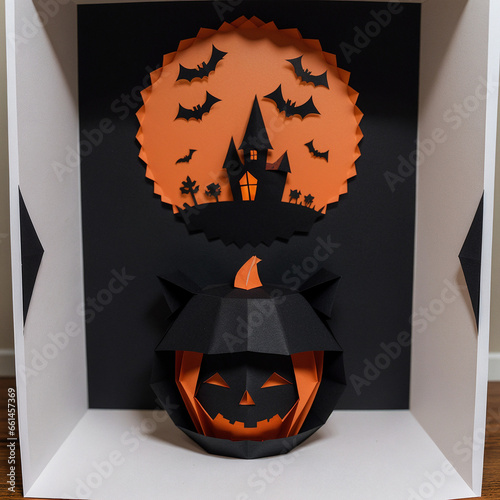 halloween paper composition with pumpkins, bats and house