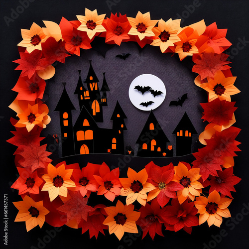 halloween paper composition with pumpkins, bats, house and flowers
