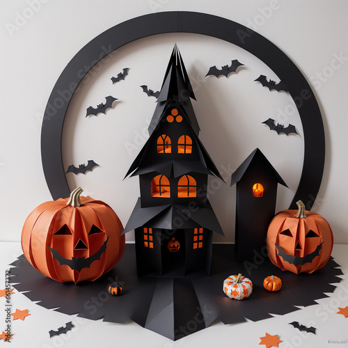 halloween paper composition with pumpkins, bats and house