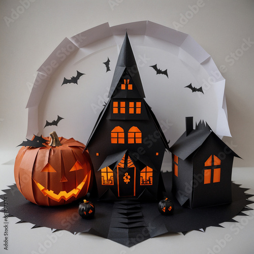 halloween paper composition with pumpkins, bats and house