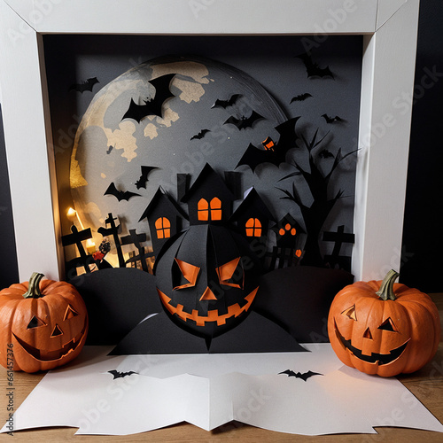 halloween pumpkin with bats. halloween paper composition with pumpkins, bats and house