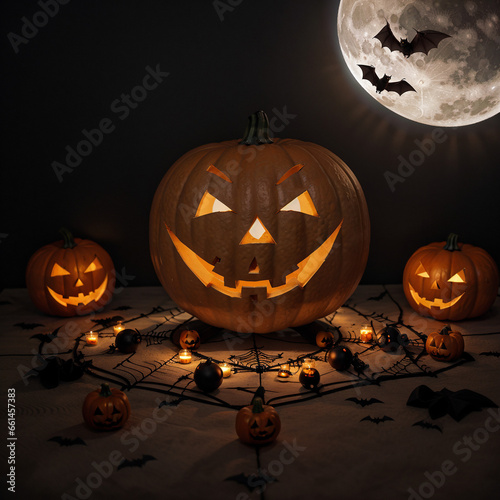 halloween composition with pumpkins, bats and moon