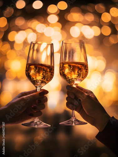 Dos personas sosteniendo copas de vino blanco, con un fondo dorado brillante. photo