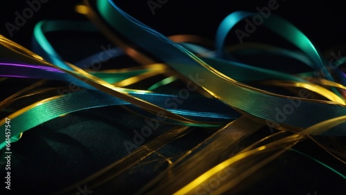 3d rendering, abstract geometric wallpaper of colorful neon ribbon, yellow green blue glowing lines isolated on black background