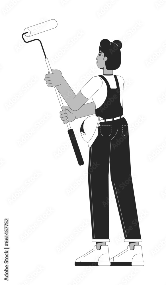 African american handywoman holding paint roller black and white 2D line cartoon character. Black female decorator isolated vector outline person. Renewal home monochromatic flat spot illustration African american handywoman holding paint roller black and white 2D line cartoon character. Black female decorator isolated vector outline person. Renewal home monochromatic flat spot illustration