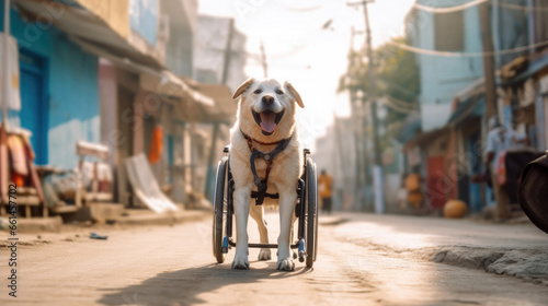 A Happy dog with a disabled leg using a wheelchair for a walk around the vet clinic
