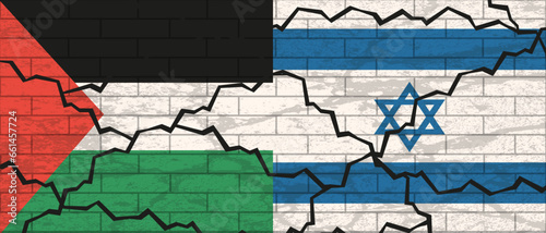 Palestine Israel military conflict. Big horizontal Palestinian and Irael flag background with rough grunge brick wall cracked texture. Vector illustration. 