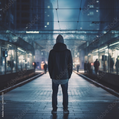 Back of a man on a Metro Station, City night as the background.