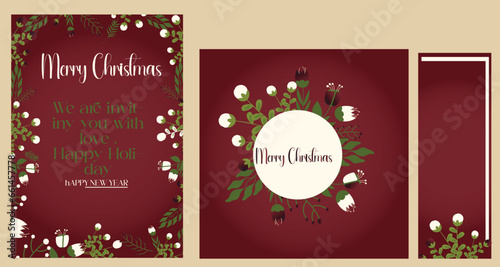 Winter Foliage Holiday cards. Universal Christmas templates with decorative Christmas Tree, reindeer, floral background and frame 