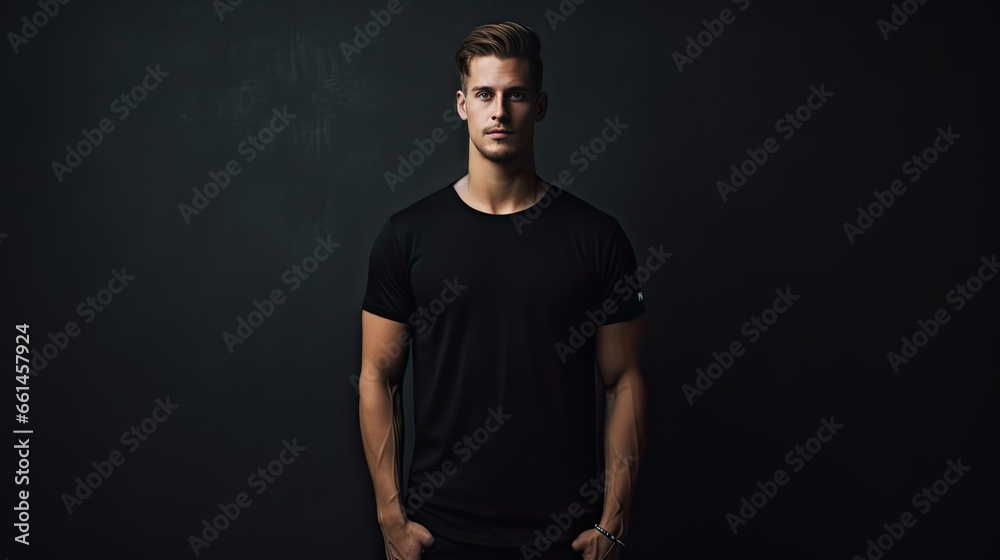 a hipster man model in a black t-shirt, standing against a city backdrop. ample space on the t-shirt for your custom logo or design.