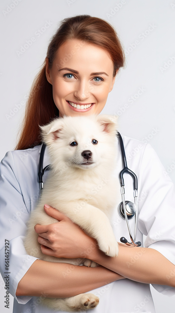 Portrait of a happy vet girl with a dog in her arms. Portrait of a happy vet girl with a dog in her arms.