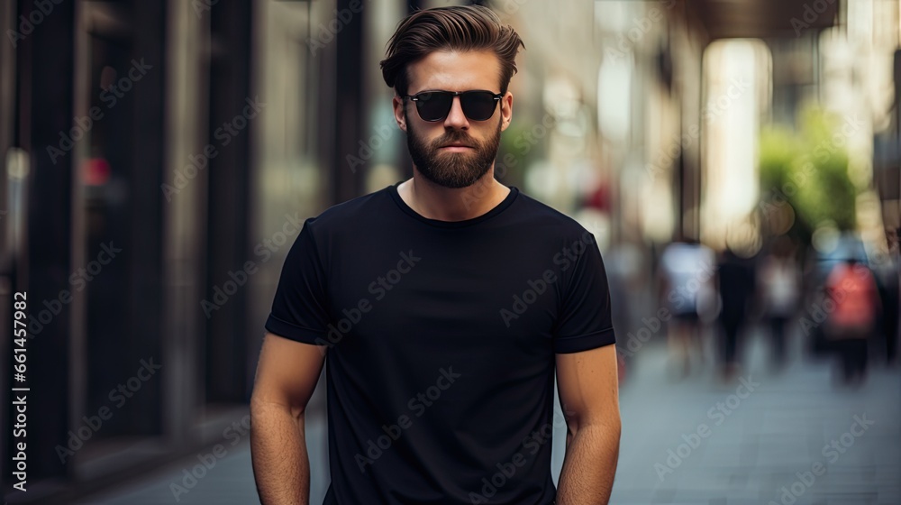 a hipster man model in a black t-shirt, standing against a city backdrop. ample space on the t-shirt for your custom logo or design. a hipster man model in a black t-shirt, standing against a city backdrop. ample space on the t-shirt for your custom logo or design.