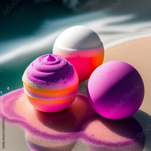 colorful easter eggs,Bath bombs or bath fizzers with diamond pattern printed shrink wrap packaging photo