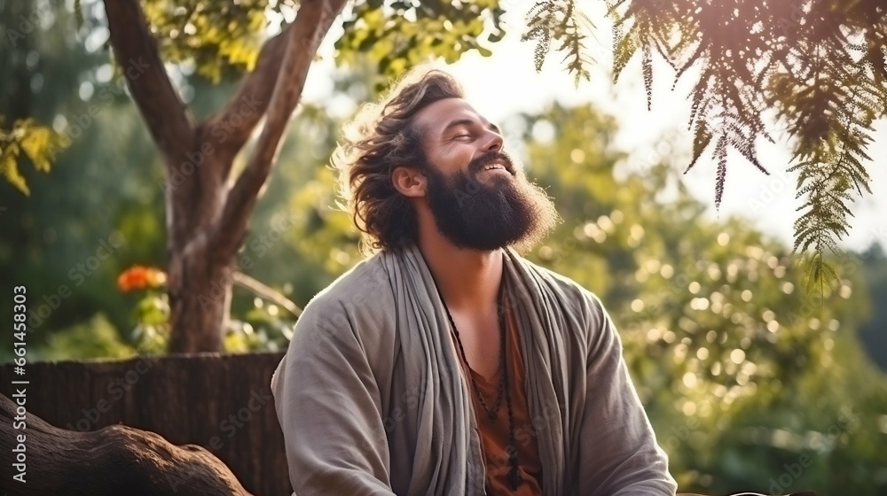 Obraz premium Bearded man meditates in the sunny park