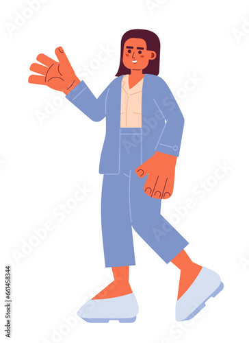 Friendly hispanic businesswoman greeting 2D cartoon character. Adult latina lawyer formal clothing isolated vector person white background. Female entrepreneur waving color flat spot illustration