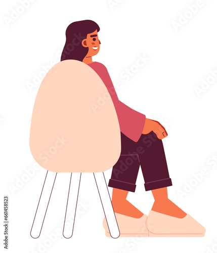 Hispanic young adult woman sitting in chair back view 2D cartoon character. Latin american female isolated vector person white background. Seminar attendee latina color flat spot illustration