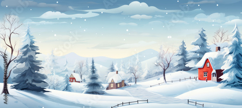 Christmas winter fairy village landscape, Greetings card style snowy Christmas village scene