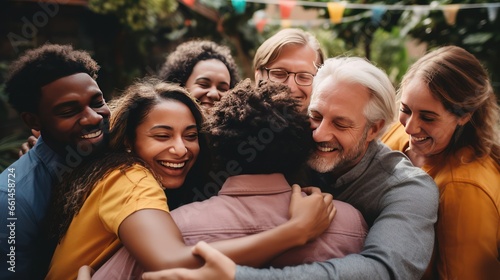 Group therapy and support. Several middle-aged men and women hug, supporting each other during psychological practice outdoor. Mental health and empathy. Empathy. © Stavros