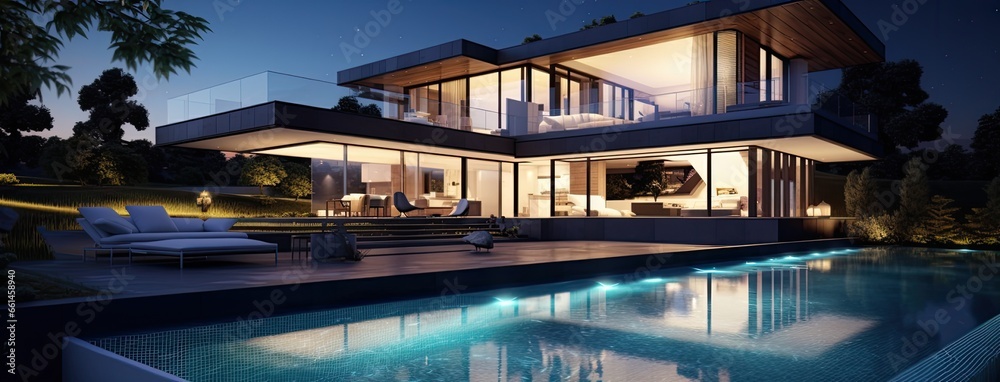 the modern house in a nighttime setting. the exterior with well placed ...