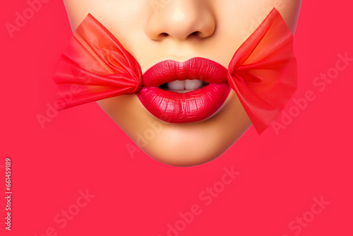 Female face lips with red lipstick framed by candy paper on pink background. Colorful banner in pop art style for sale advertisement