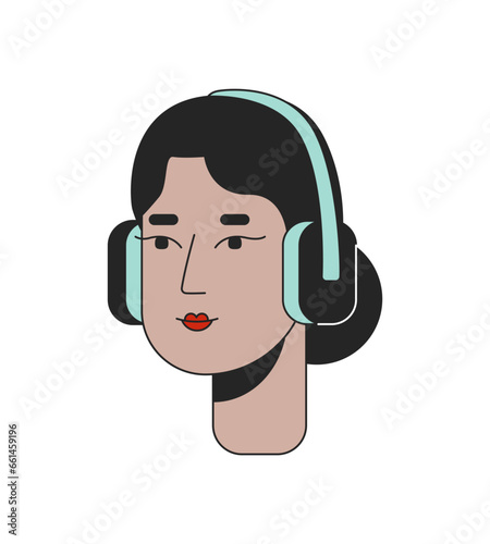 Middle eastern lady wearing headphones 2D linear cartoon character head. Arab female melomaniac isolated line vector person face white background. Young adult earphones color flat spot illustration