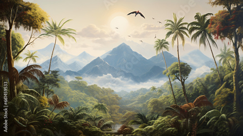 A painting of a jungle scene with mountains