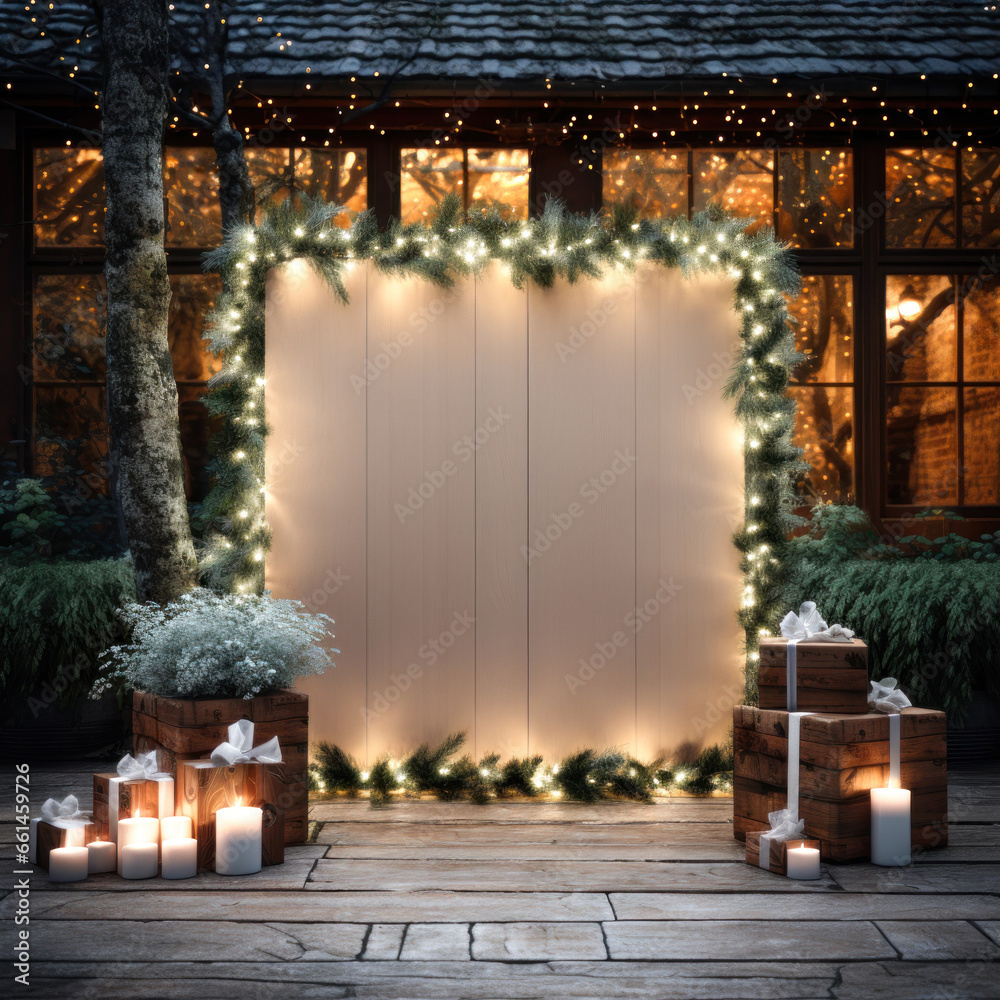 Luxury Christmas mockup white placard template background with xmas festive seasonal decoration ornaments Generative AI Illustration