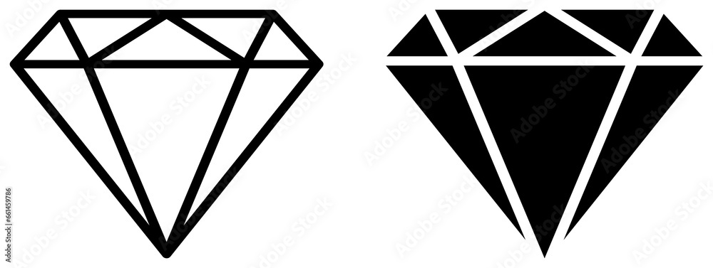 Diamond icon set. Gemstone outline and silhouette. Stone illustration isolated on transparent background. - obrazy, fototapety, plakaty 