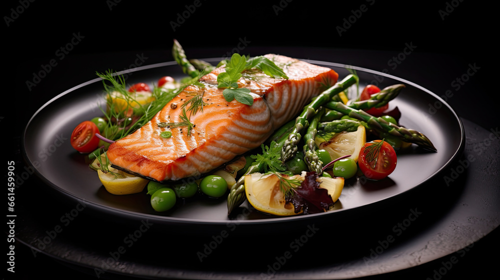 Grilled salmon with vegetables and asparagus. Illustration on a dark background for covers, banners and other projects about healthy nutrition.