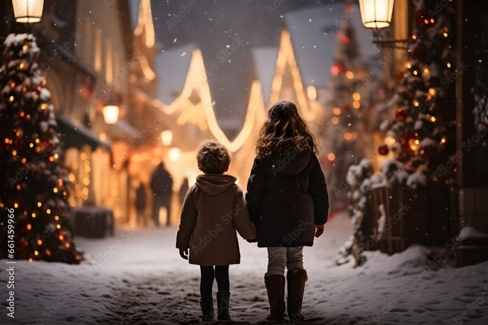 Christmas Joy in a European Town, Children Embark on a Festive Walk on a Decorated Face Christmas Joy in a European Town, Children Embark on a Festive Walk on a Decorated Face