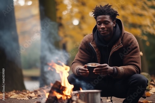 Solitude in the forest with your thoughts. Escape from the bustle of the big city. Smiling black man brews coffee over a fire in the autumn forest. Travel  tourism and camping.