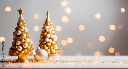 Gold christmas tree  golden winter decorations on white background with empty copy space for text. New year and christmas postcard