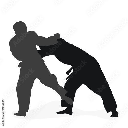 Image silhouette judoka. Judo, martial art, sportsmanship, wrestling, duel, grappling, combating, fighting, struggle