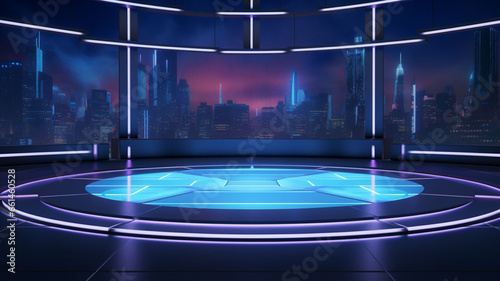  3D Rendered VR Stage TV Show: Mesmerizing Neon Blue Lights, Cutting-Edge High-Tech Blue Screen Stage with Wide-Angle Panoramic Views, Captivating Screen Shots, and Electrifying Lighting 