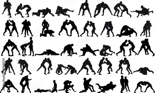 Set of silhouettes wrestlers in wrestling, fighting. Greco Roman wrestling, fight, combating, struggle, grappling, duel, mixed martial art, sportsmanship