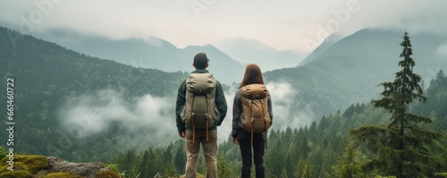 Couple of hikers enjoy nature view. Travel, hiking and digital detox concept. Contemplation of nature alone with your thoughts. Slow life. photo