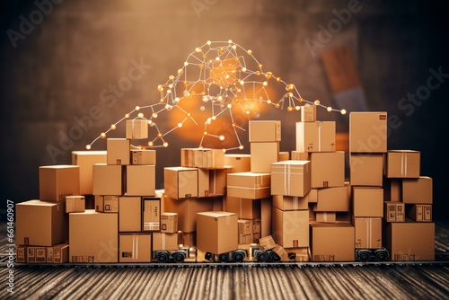 A concept of business logistics with interconnected technology and cardboard boxes. Generative AI