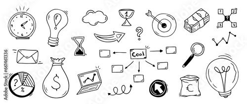 Sketch doodle business elements, financial hand drawn icons. Vector growth success concept