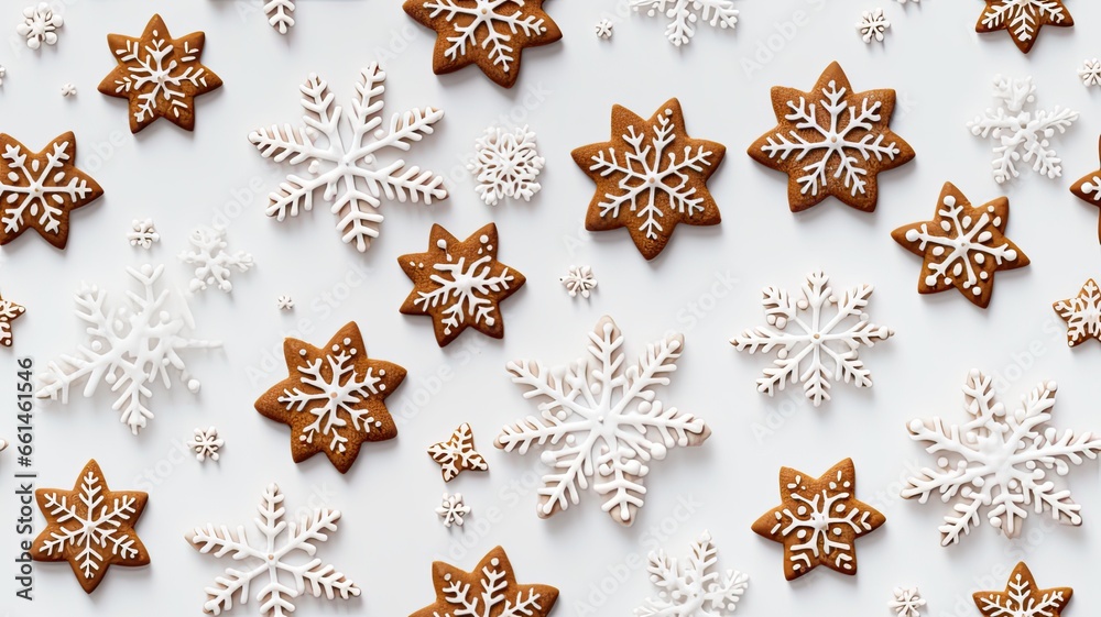 an assortment of homemade gingerbread cookies, delicate snowflake decorations, and artistic cookie icing, all arranged on a pristine white background. SEAMLESS PATTERN. SEAMLESS WALLPAPER. an assortment of homemade gingerbread cookies, delicate snowflake decorations, and artistic cookie icing, all arranged on a pristine white background. SEAMLESS PATTERN. SEAMLESS WALLPAPER.