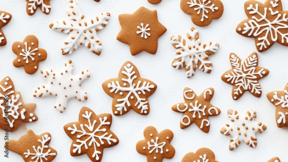 an assortment of homemade gingerbread cookies, delicate snowflake decorations, and artistic cookie icing, all arranged on a pristine white background. SEAMLESS PATTERN. SEAMLESS WALLPAPER. an assortment of homemade gingerbread cookies, delicate snowflake decorations, and artistic cookie icing, all arranged on a pristine white background. SEAMLESS PATTERN. SEAMLESS WALLPAPER.