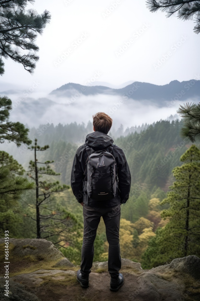 Lonely man enjoys the view of the summer foggy mountains while he standing on a mountain peak. Hiking and digital detox concept. Contemplation of nature alone with your thoughts. Hiking and slow life. Lonely man enjoys the view of the summer foggy mountains while he standing on a mountain peak. Hiking and digital detox concept. Contemplation of nature alone with your thoughts. Hiking and slow life.