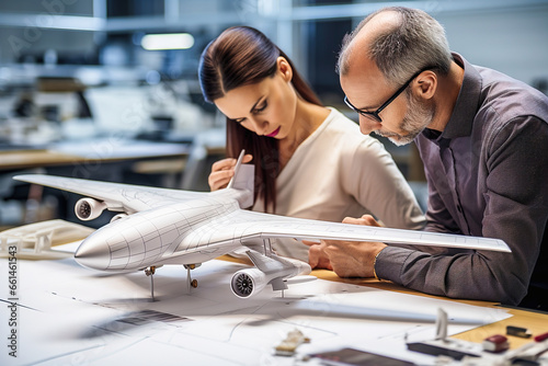 Engineers, a man and a woman finalize a plan to reconstruct an airplane in the design office.