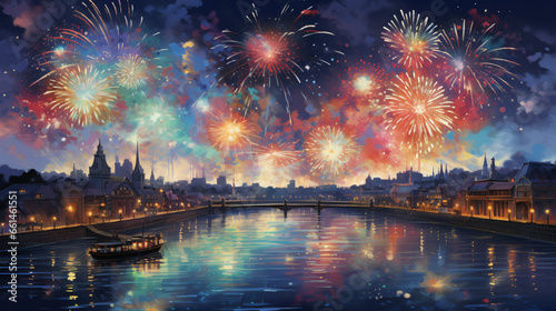 A painting of fireworks in the sky